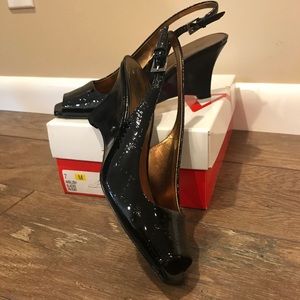 Anne Klein Peep Toe Black Patent Wedges